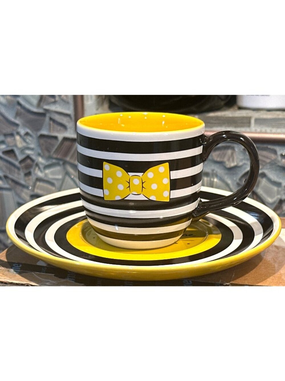 Disney Store Minnie Mouse Signature Mug Saucer Set Yellow Bow Black White